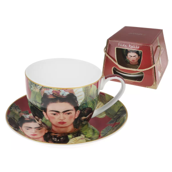 Filiżanka 410 ml ze spodkiem – Frida Kahlo Autoportret z naszyjnikiem z cierni i kolibrem – Carmani