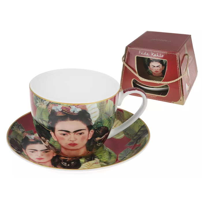 Filiżanka 410 ml ze spodkiem – Frida Kahlo Autoportret z naszyjnikiem z cierni i kolibrem – Carmani