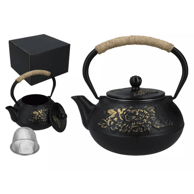 Czajniczek żeliwny z zaparzaczem 900 ml – emaliowany wkład, solidny