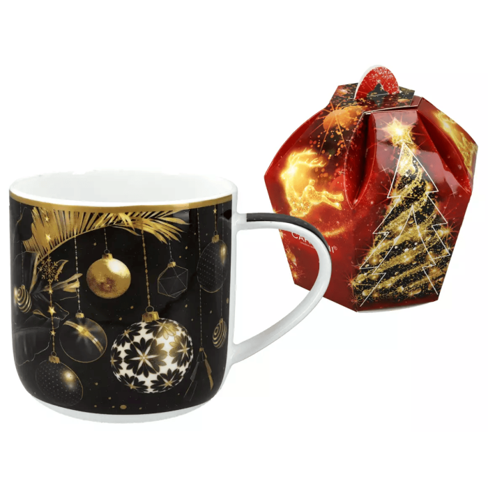 Kubek świąteczny CARMANI 450 ml – Złote bombki, porcelanowy prezent
