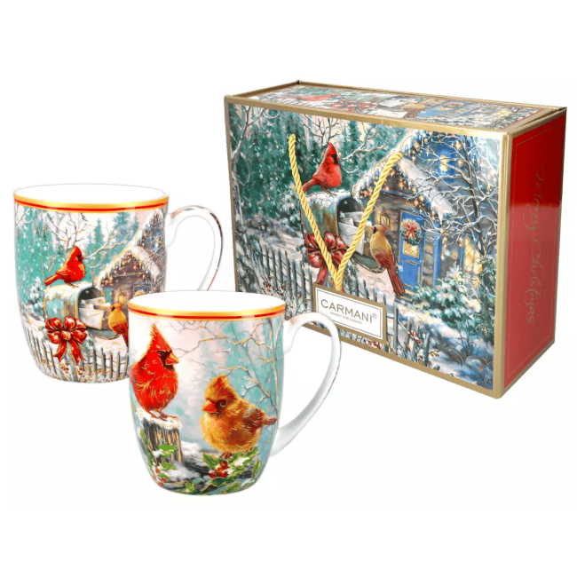 Zestaw 2 kubków świątecznych CARMANI Zimowe ptaszki 400 ml – porcelanowy prezent