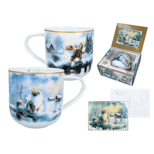 Kubek świąteczny CARMANI 500 ml – Kot zimowy pejzaż porcelana