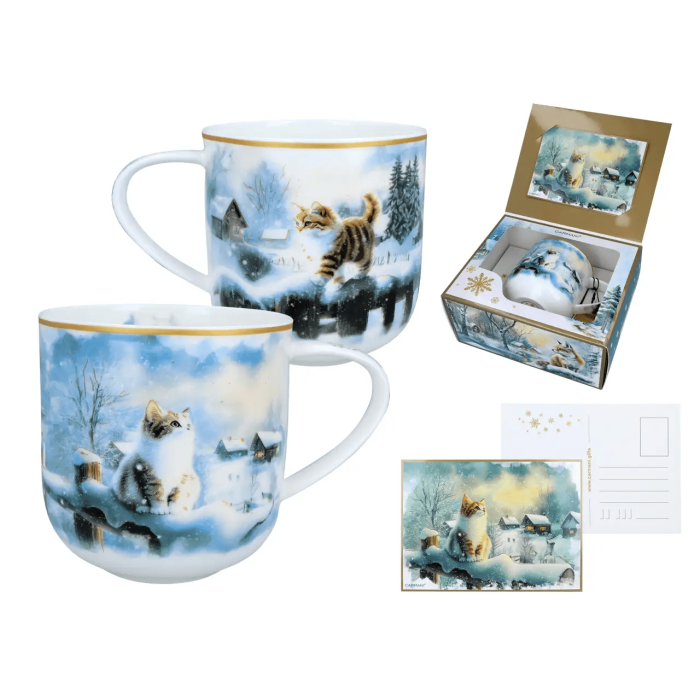 Kubek świąteczny CARMANI 500 ml – Kot zimowy pejzaż porcelana