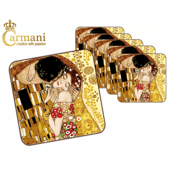 Komplet 6 podkładek korkowych POCAŁUNEK Gustav Klimt CARMANI 10.5x10.5 cm