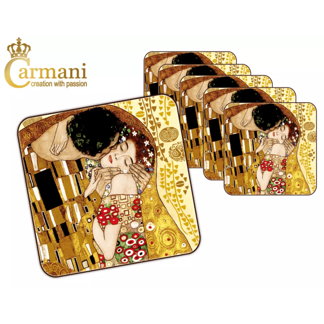 Komplet 6 podkładek korkowych POCAŁUNEK Gustav Klimt CARMANI 10.5x10.5 cm