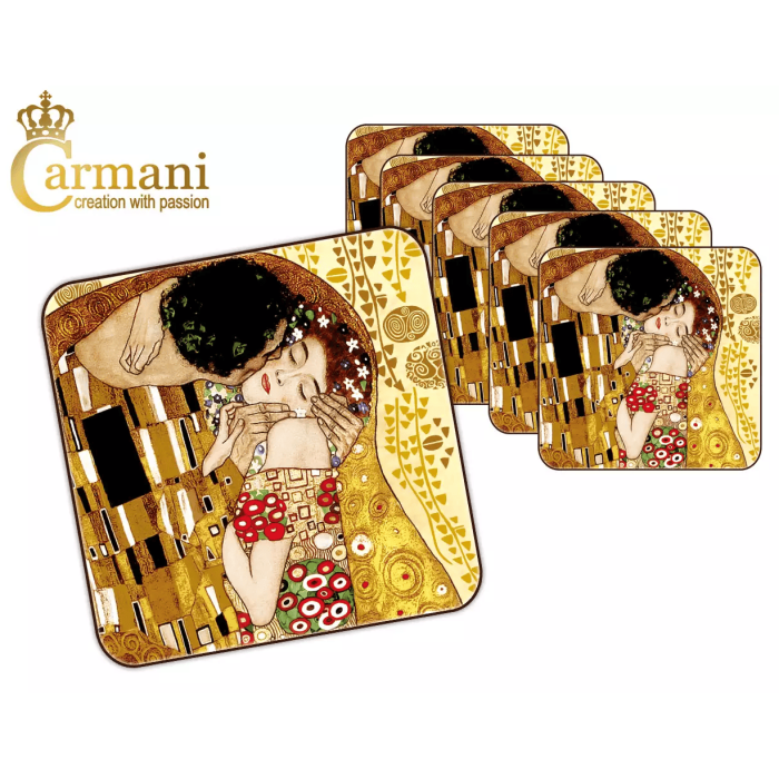 Komplet 6 podkładek korkowych POCAŁUNEK Gustav Klimt CARMANI 10.5x10.5 cm