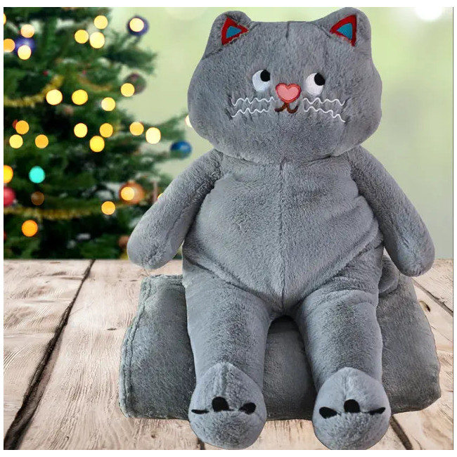 Koc z poduszką – maskotka KOT szary | Miękka mikrofibra 100×160