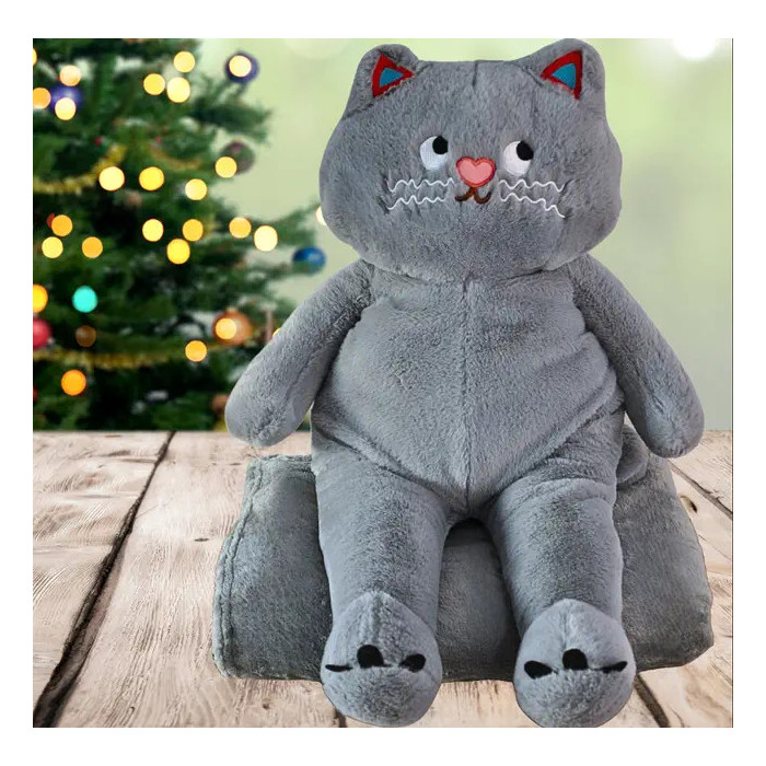 Koc z poduszką – maskotka KOT szary | Miękka mikrofibra 100×160