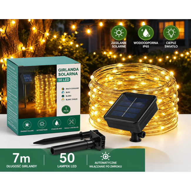 Girlanda solarna LED 7m 50 lampek ogrodowa