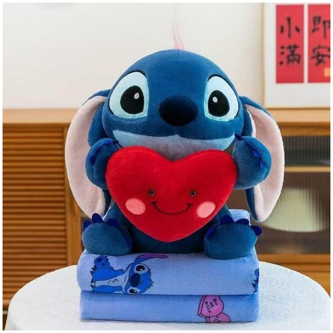 Maskotka Stitch z serduszkiem i kocykiem 2w1 granatowa przytulanka