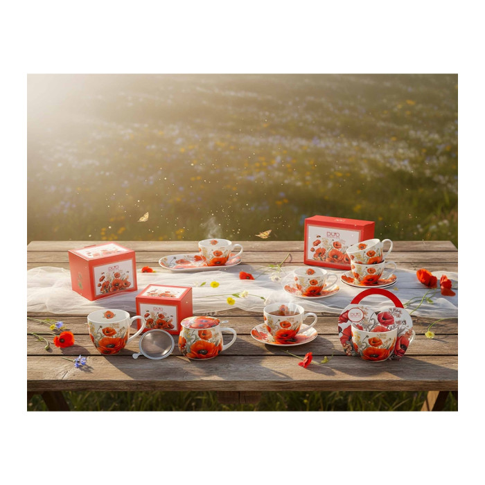 Filiżanka z talerzykiem Czerwone Maki DUO 450 ml porcelana New Bone China