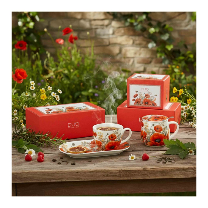 Filiżanka z talerzykiem Czerwone Maki DUO 450 ml porcelana New Bone China