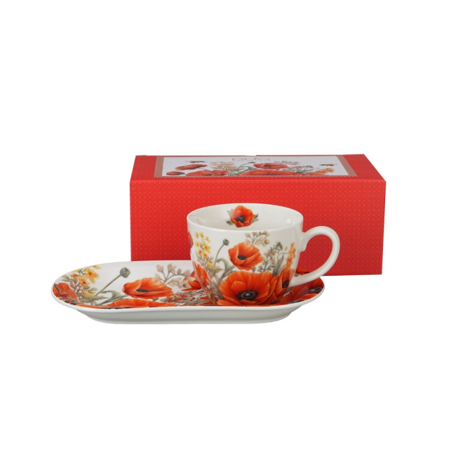 Filiżanka z talerzykiem Czerwone Maki DUO 450 ml porcelana New Bone China
