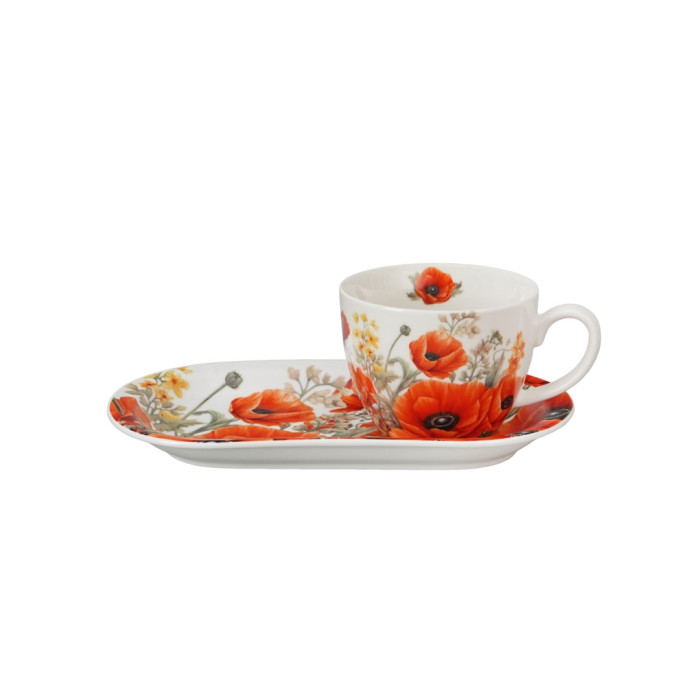 Filiżanka z talerzykiem Czerwone Maki DUO 450 ml porcelana New Bone China