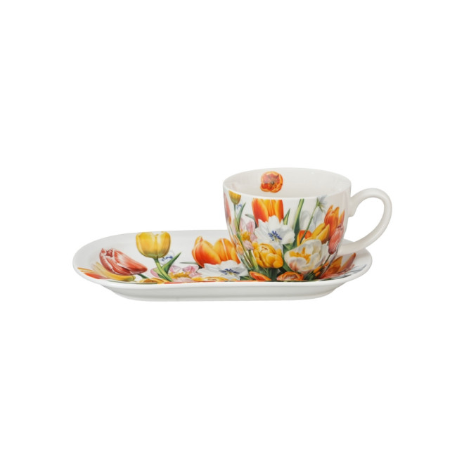 Filiżanka z talerzykiem Tulipany DUO 450 ml porcelana New Bone China