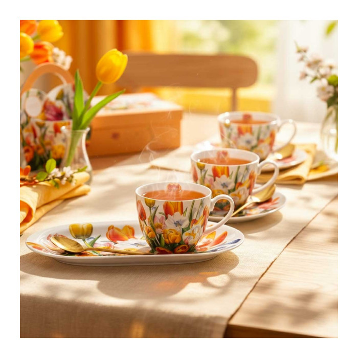 Filiżanka z talerzykiem Tulipany DUO 450 ml porcelana New Bone China