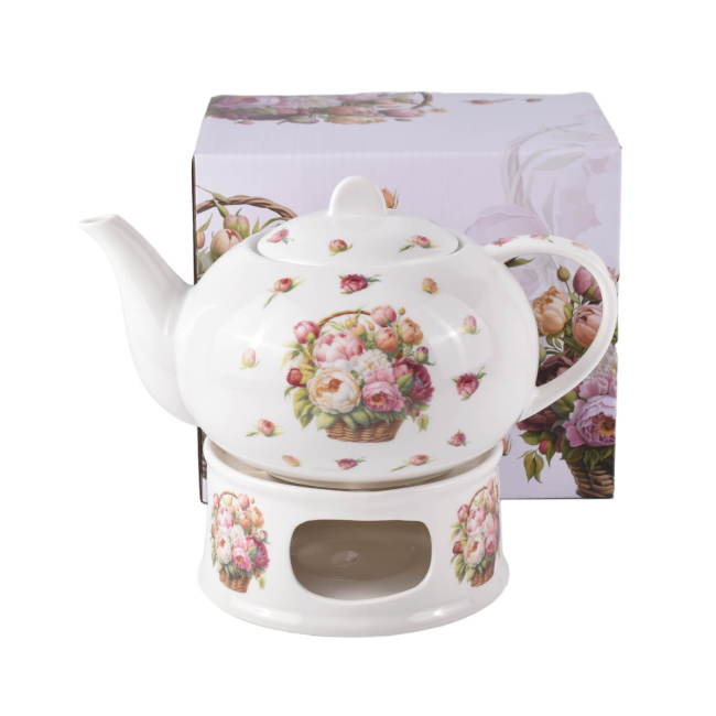 Czajniczek z podgrzewaczem Piwonie 1200 ml DUO porcelana New Bone China