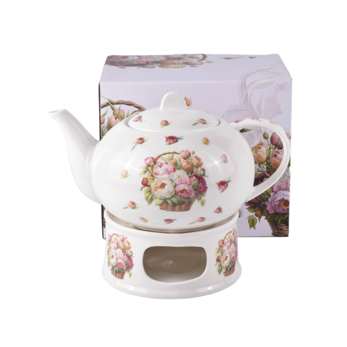 Czajniczek z podgrzewaczem Piwonie 1200 ml DUO porcelana New Bone China