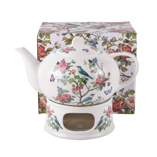 Czajniczek z podgrzewaczem Ptasi Ogród 1200 ml DUO porcelana New Bone China