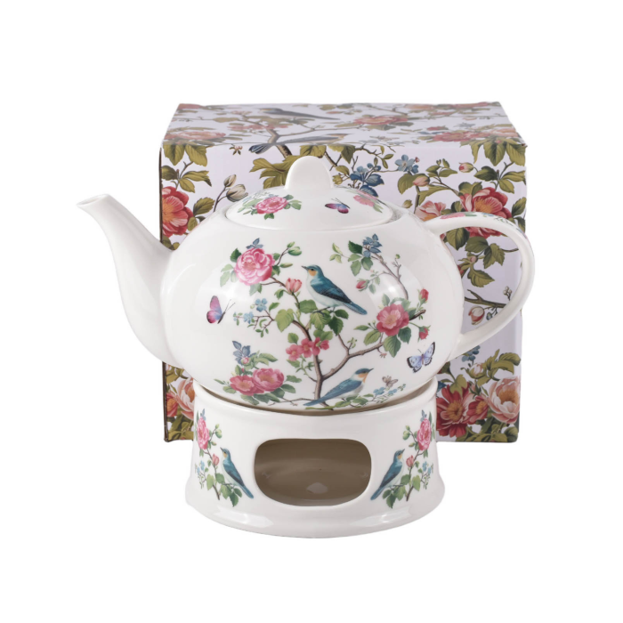 Czajniczek z podgrzewaczem Ptasi Ogród 1200 ml DUO porcelana New Bone China