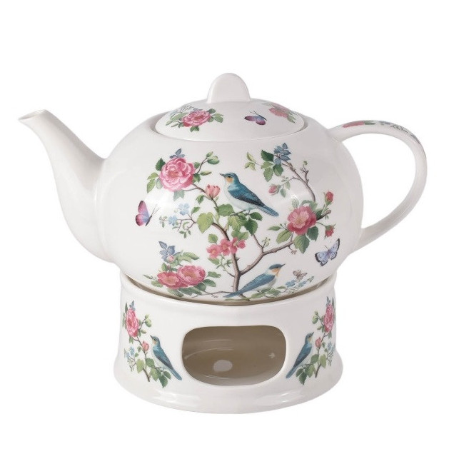 Czajniczek z podgrzewaczem Ptasi Ogród 1200 ml DUO porcelana New Bone China