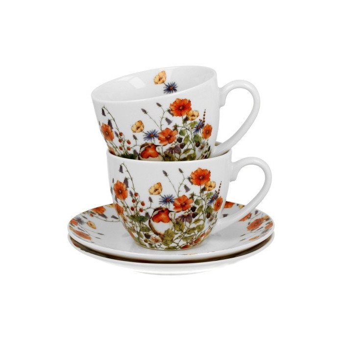 Komplet 2 filiżanek ze spodkami Rudzik 270 ml DUO | Porcelana New Bone China
