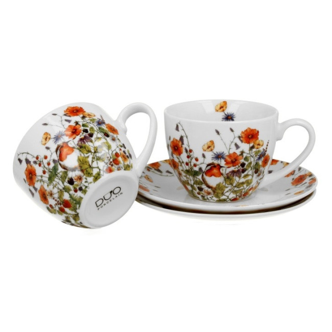 Komplet 2 filiżanek ze spodkami Rudzik 270 ml DUO | Porcelana New Bone China