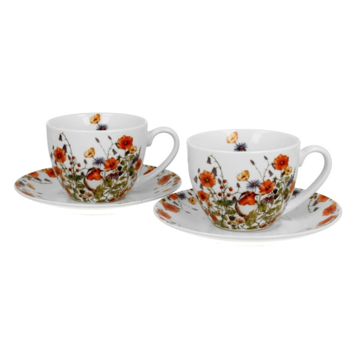 Komplet 2 filiżanek ze spodkami Rudzik 270 ml DUO | Porcelana New Bone China