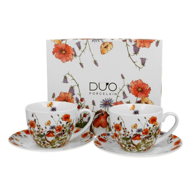 Komplet 2 filiżanek ze spodkami Rudzik 270 ml DUO | Porcelana New Bone China