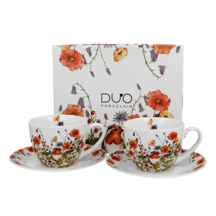 Komplet 2 filiżanek ze spodkami Rudzik 270 ml DUO | Porcelana New Bone China